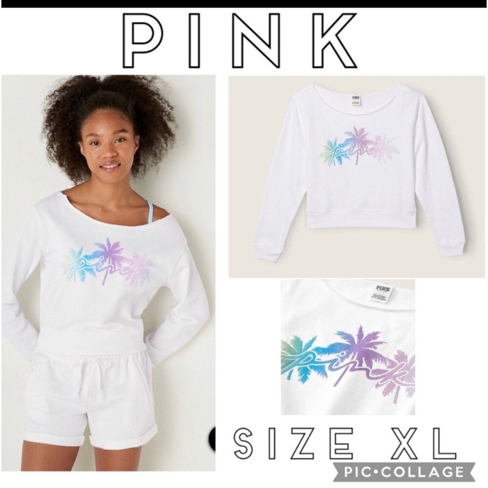 VS PINK FLEECE CROPPED SWEATSHIRT PALM TREE SHINE XL